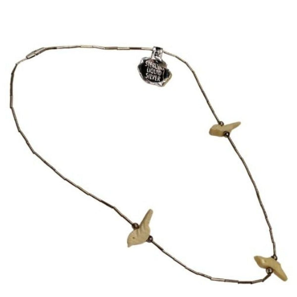1970s Cream Carved Bird Shell Beads Liquid Silver Single Strand Necklace 16 Inch