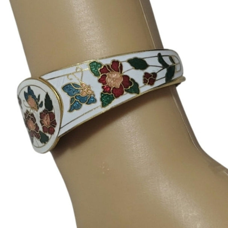 White Enamel Cuff Butterfly Floral Gold Cloisonne Bracelet Flowers [Vintage]
