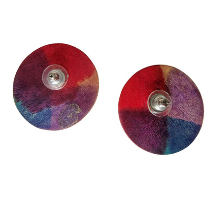1980s Rainbow Boho Hippie Folk Art Flat Round Circular Button Wood Earrings [Vintage]
