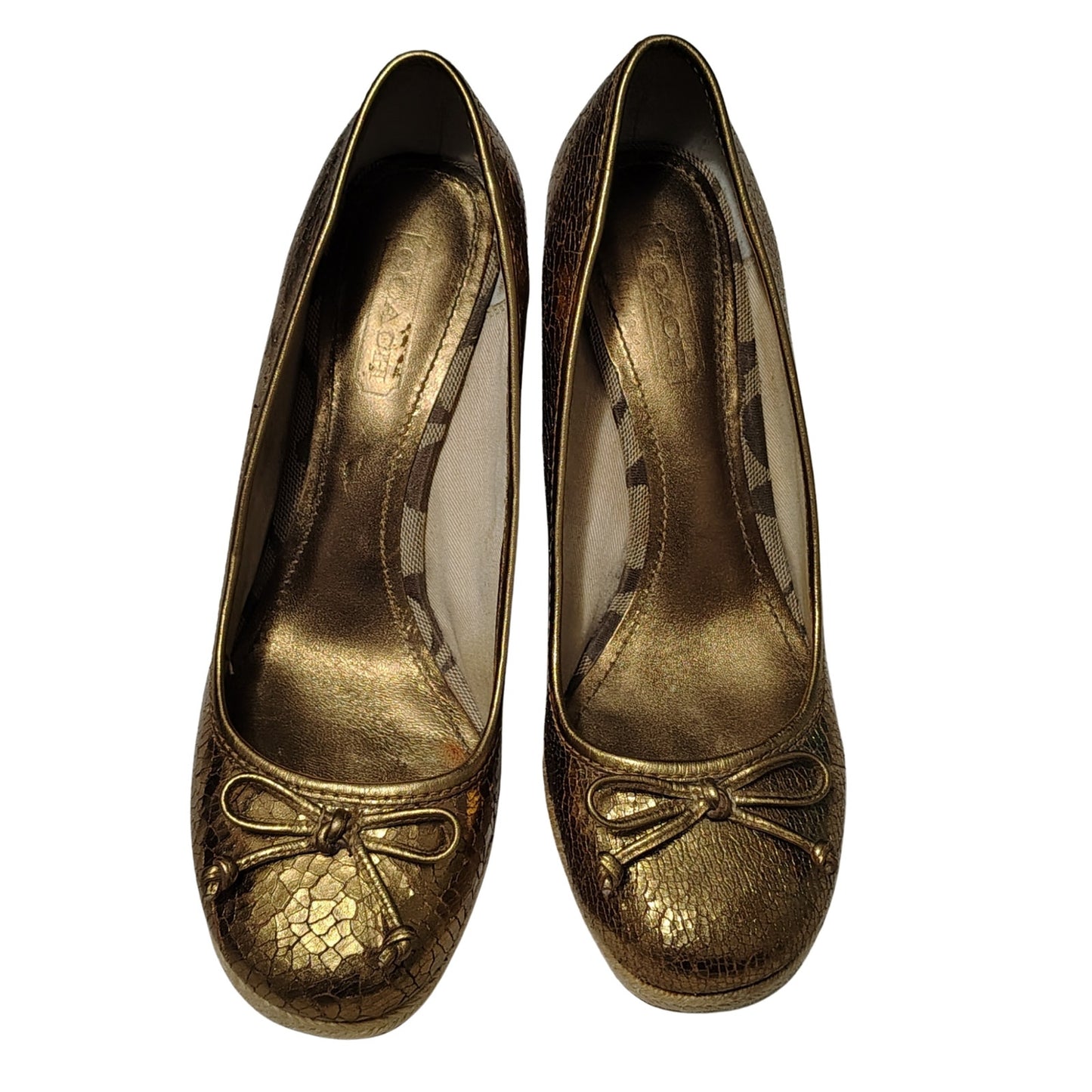 1980s Coach Bronze Crackle Leather Jute Wedge Hee Ireland Bow Espadrille Size 7 [Vintage]