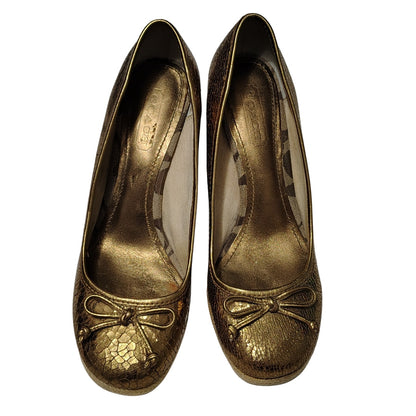 1980s Coach Bronze Crackle Leather Jute Wedge Hee Ireland Bow Espadrille Size 7 [Vintage]