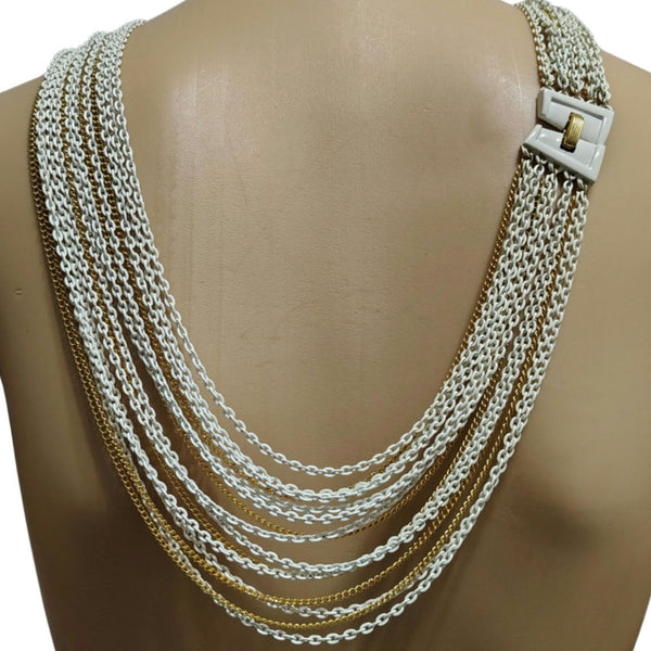 Crown Trifari 15 Strand Gold White Chain Multi Strand Necklace Foldover Clasp