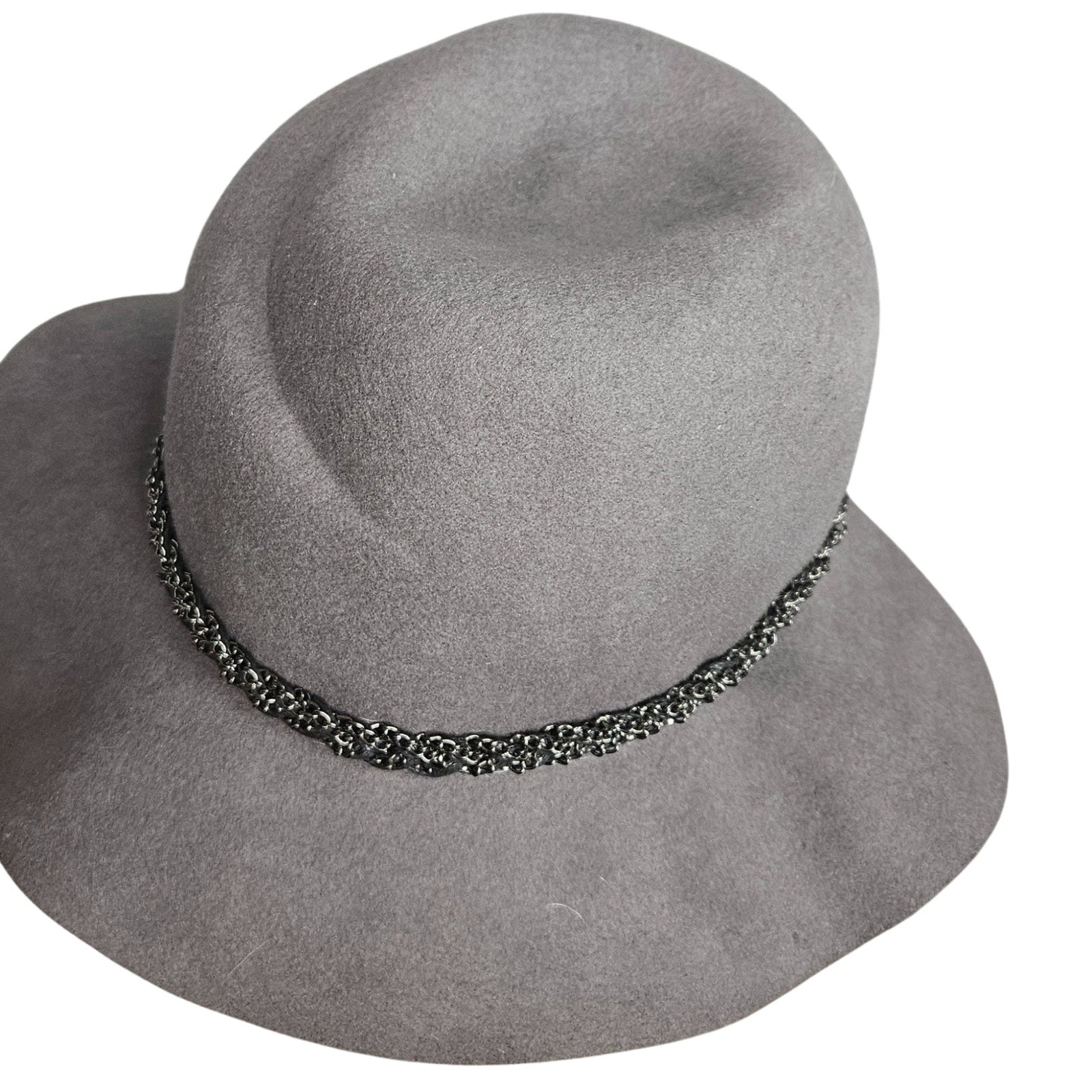 CC Exclusives Gray 100% Wool Wide Floppy Brim Hat Boho Braided Metal Chain Band