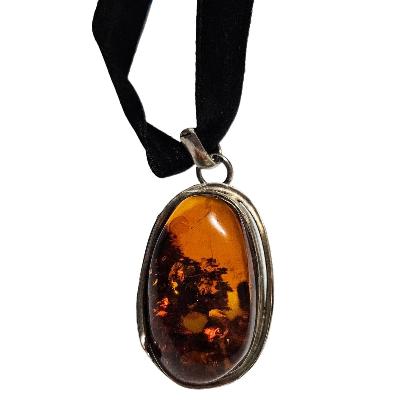 .925 Silver Large Honey Amber Wrapped Pendant Black Ribbon Necklace [VINTAGE]