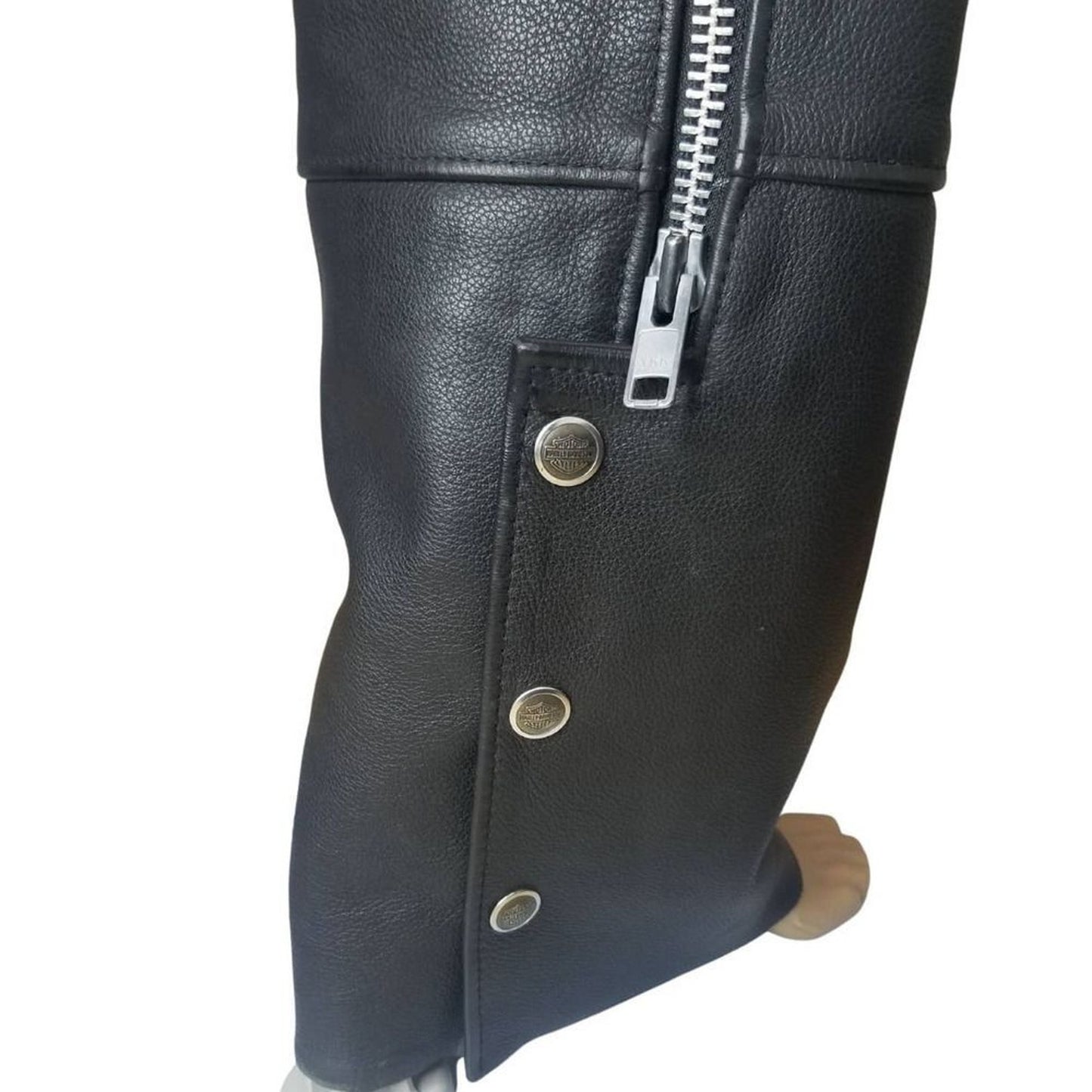 Mens Black Leather Chaps Tie Back Snap Ankle HARLEY DAVIDSON Made USA Size Small [Vintage]