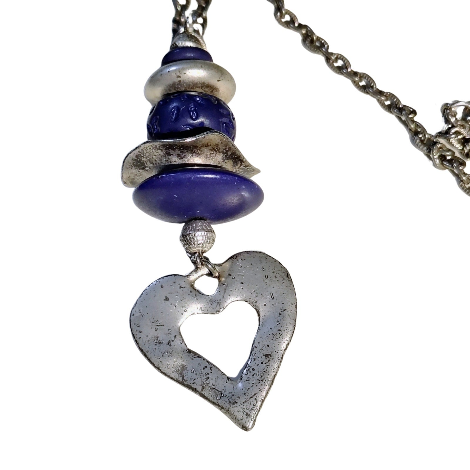1980s Purple Stacked Beads Silver Tone Heart Long Chain Link Statement Necklace [Vintage]