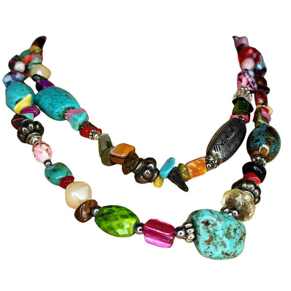 Bohemian Turquoise Rose Quartz Mix Semi-Precious Stones Double Strand Necklace