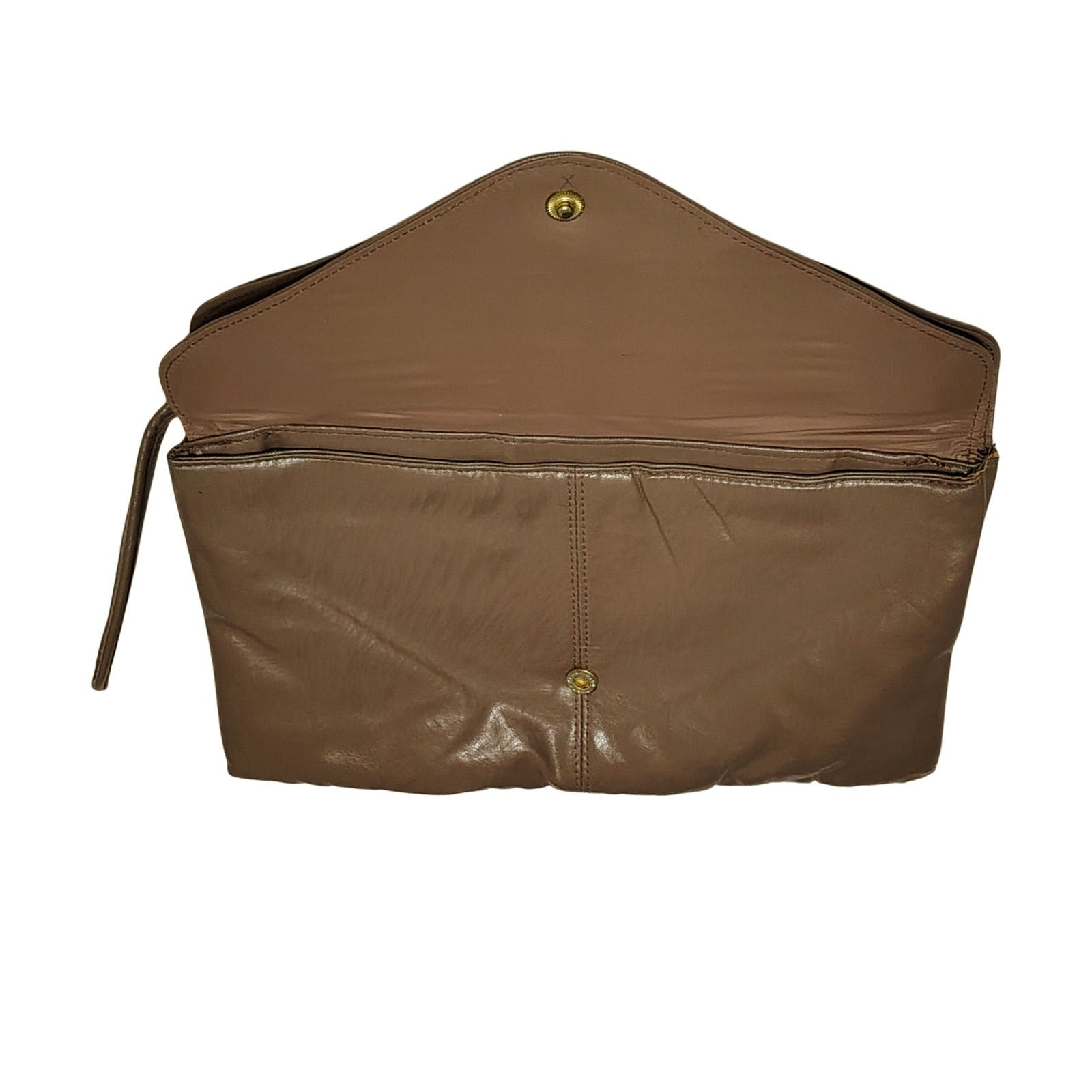 1970s Maxi Clutch Taupe Two Pockets Two Fold Over Closures Wristlet [Vintage]