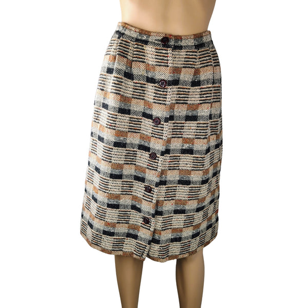 1960s Pleated Brown Cream Plaid Tweed Midi Button Up Winter Skirt Size XS [Vintage]