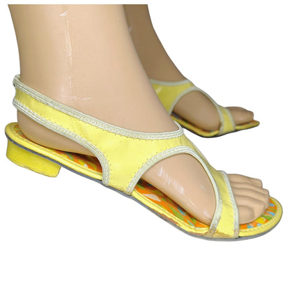 1960 - 1970s Yellow Flower Power Bohemian Era Sandals Low Heel Cut Out Design Size 6.5 [Vintage]