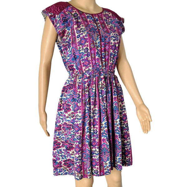 Ark Reworks Purple Vintage Fabric Fit Flare Quilted Yoke Midi Dress Size Medium [Vintage]