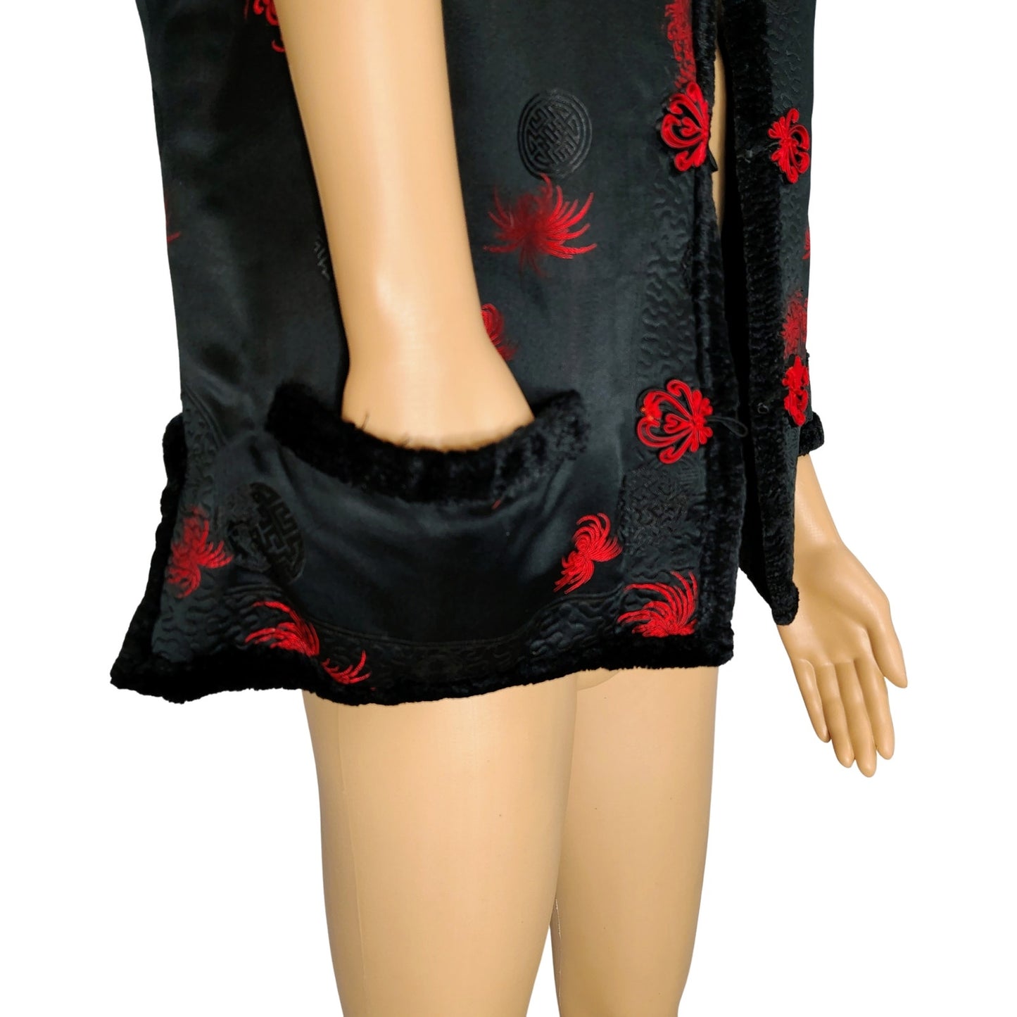 1970s Red Black Reversible Chinese Embroidered Fur Evening Jacket Size Small [Vintage]