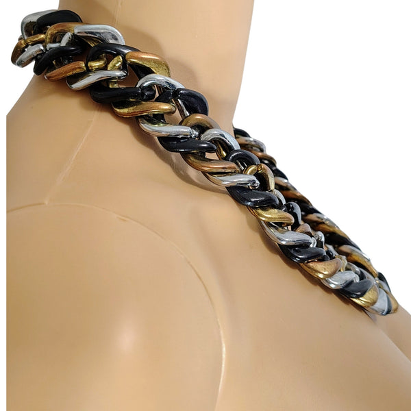1970s Tricolor Black Gold Silver Plastic Interlocking Link Necklace Hook Closure [Vintage]