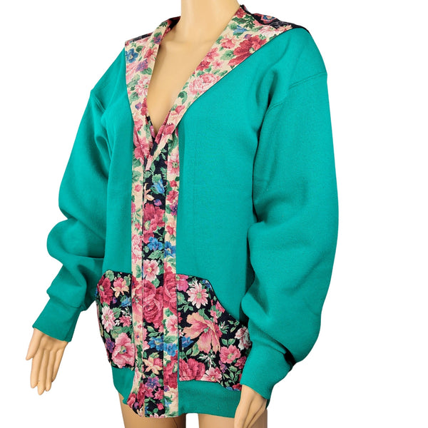 1990s Upcycled Floral Green Fleece Sweatshirt Open Front Cardigan Size XXL Women