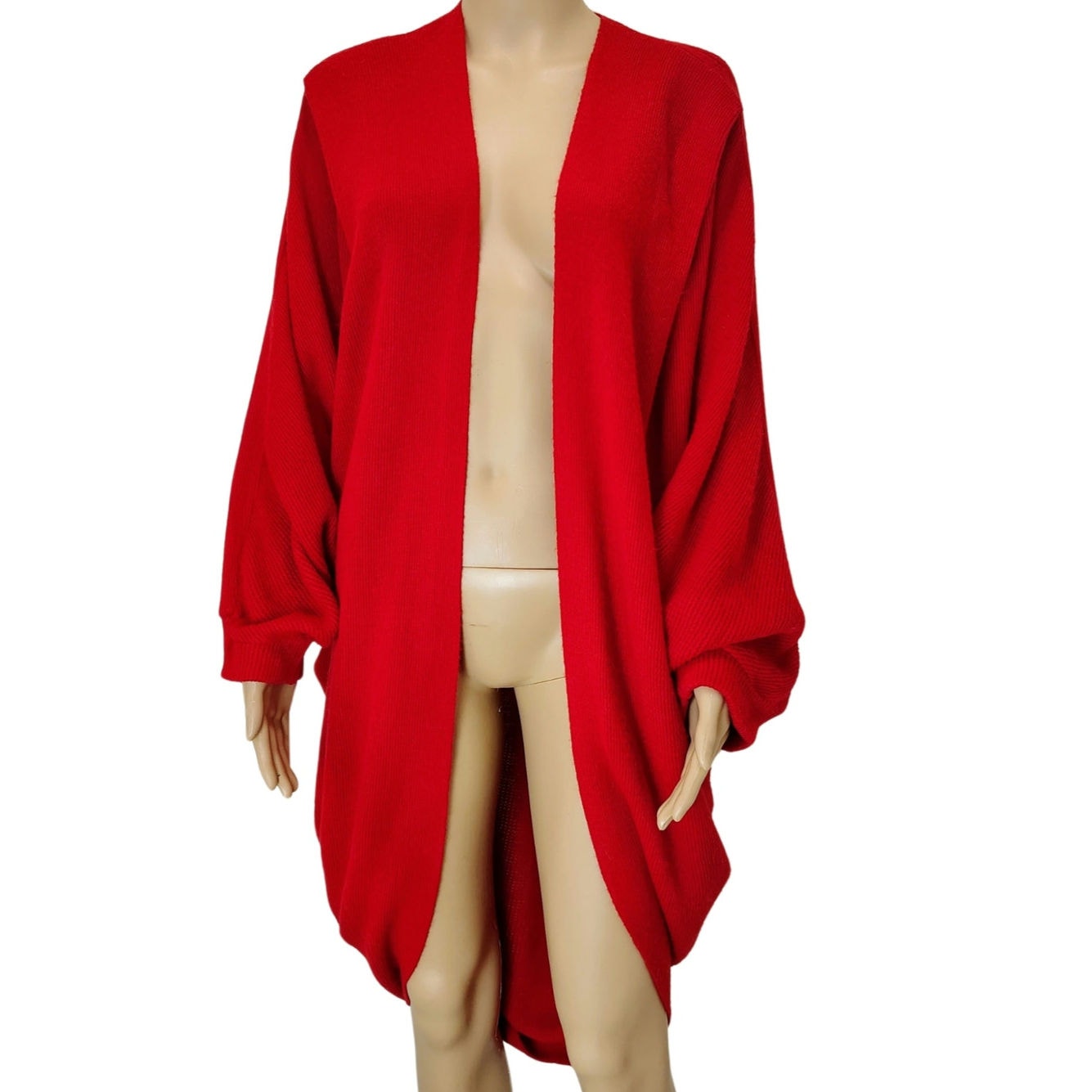 1980s Red Knit Cardigan Open Front Pleated Shoulder Round Hem Sweater One Size [Vitnage]