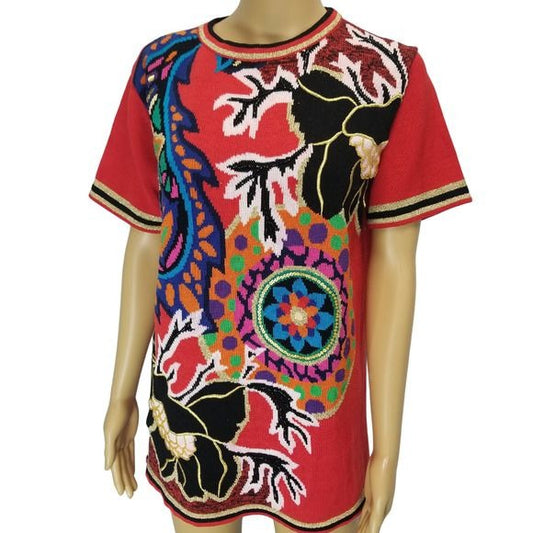 Vintage Diane Fres Red Beaded Sequins Crew Neck Short Sleeve Size S/M