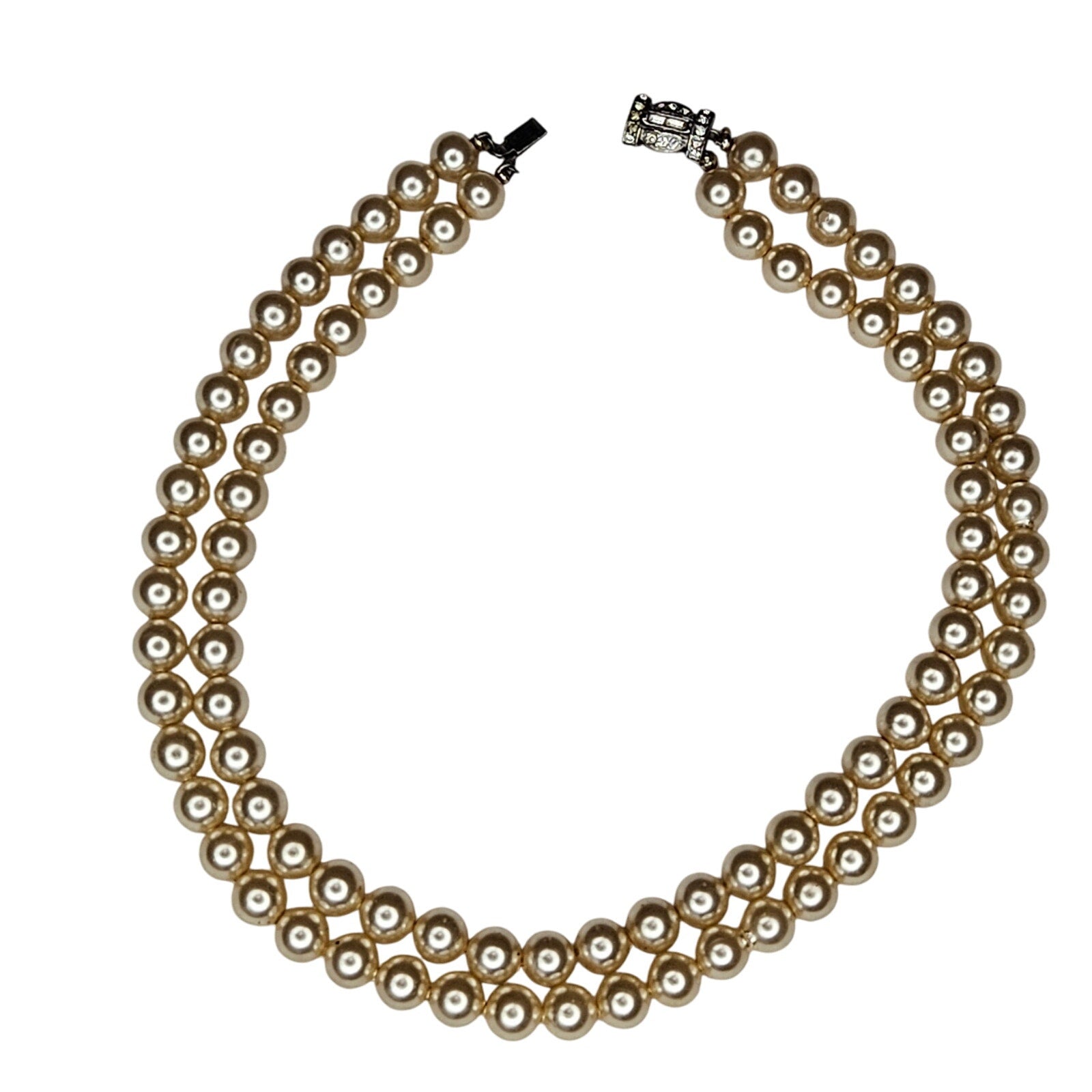 1950s Champagne Color Double Strand Faux Pearl Choker Necklace Gemstone Closure [Vintage]