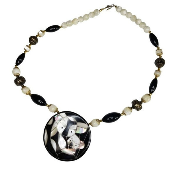 Panda Mom & Baby Pendant Beaded Necklace Mother of Pearl VINTAGE Jewlery