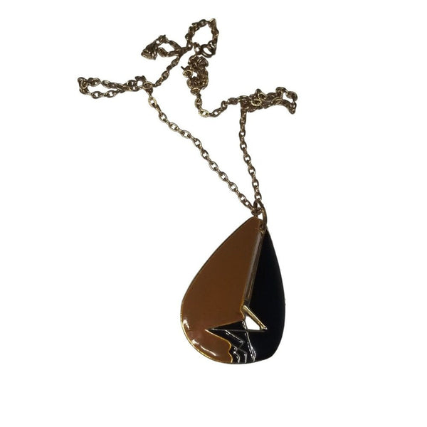 80s Vintage Art Deco Cut Out Tear Drop Shaped Brown Black Pendant Chain Necklace