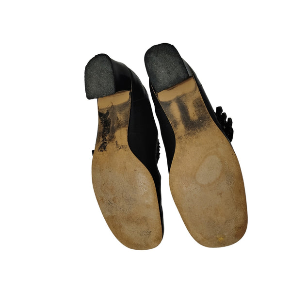 60s Mary Janes Black Leather Square Toe Block Heel Womens Shoes Size 7 [Vintage]