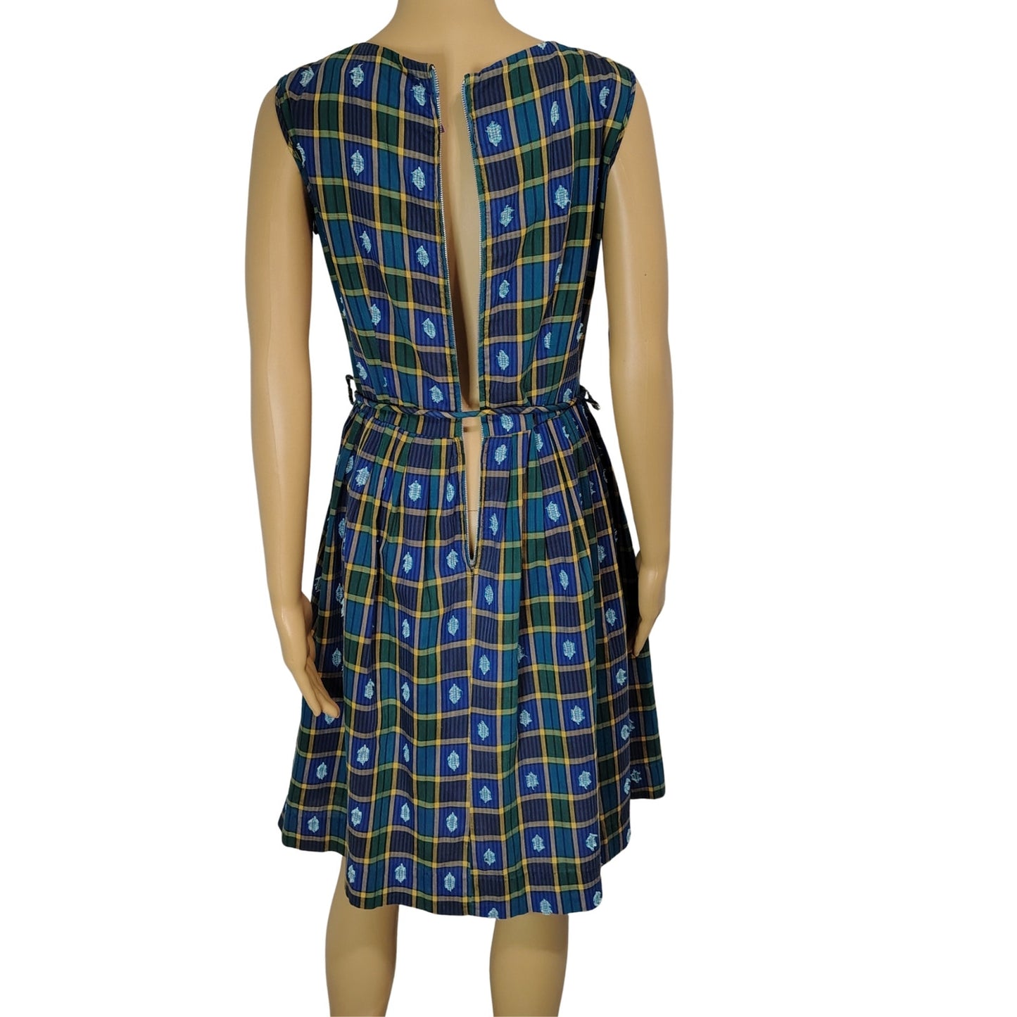 Belted Blue Green Plaid Vintage Handmade Pleated Ribbon Tie Midi Dress Size Small [Vintage]