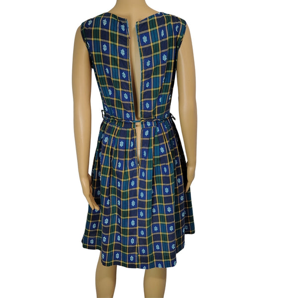 Belted Blue Green Plaid Vintage Handmade Pleated Ribbon Tie Midi Dress Size Small [Vintage]