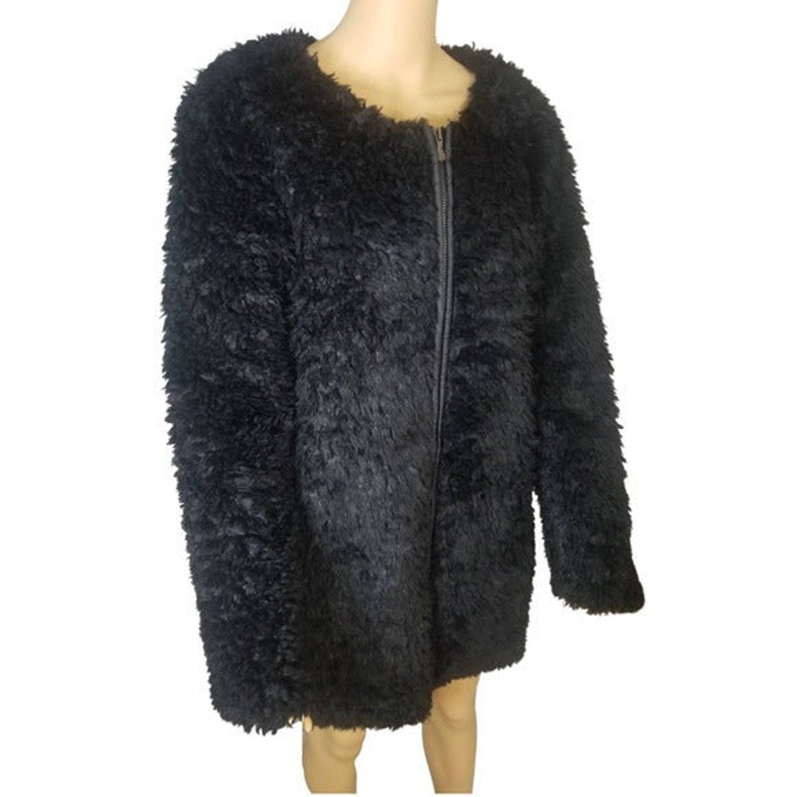 1990s Long Black Faux Sheep Fur Box Cut Zip Up Coat Nearly New Size Medium [Vintage]