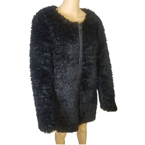 1990s Long Black Faux Sheep Fur Box Cut Zip Up Coat Nearly New Size Medium [Vintage]