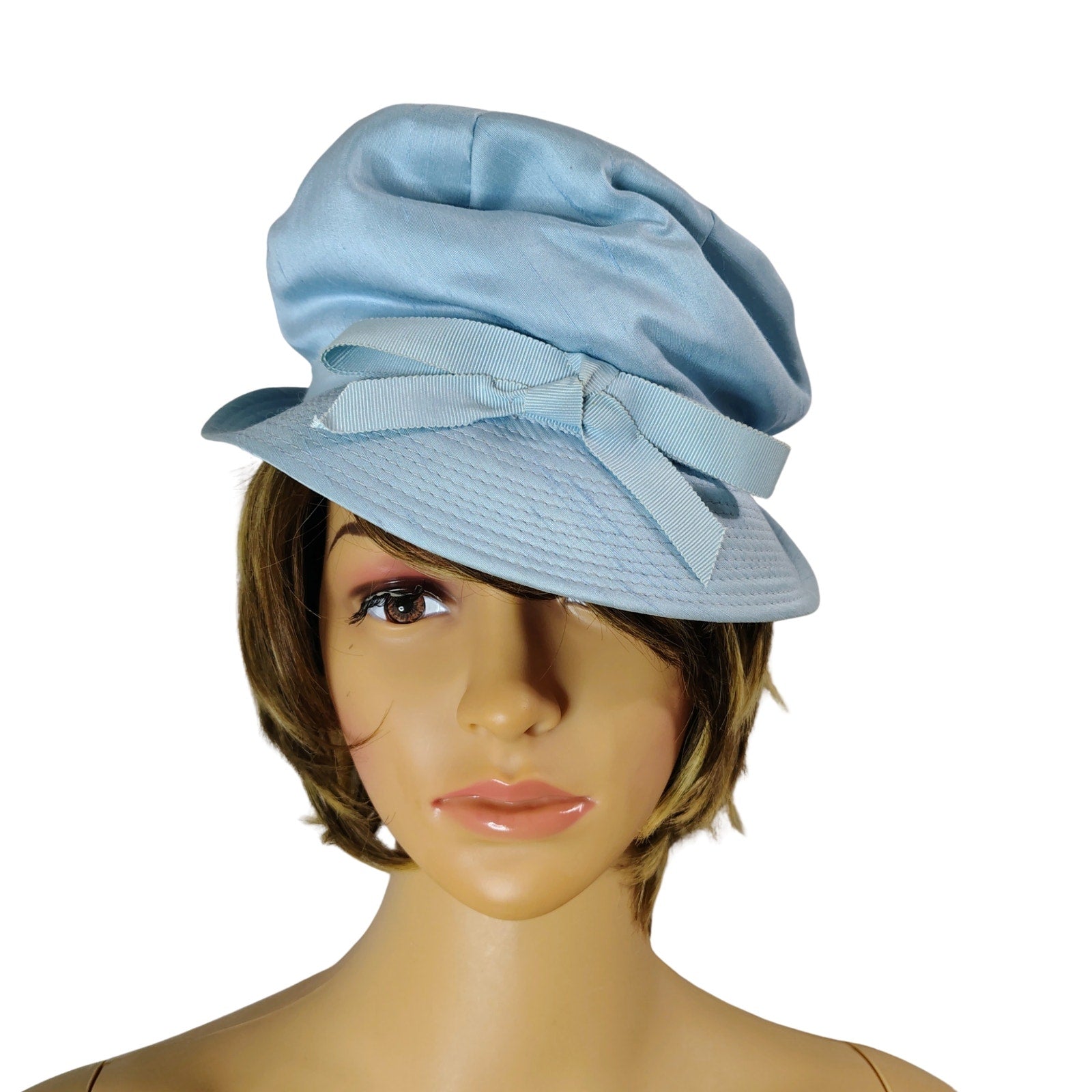 1950s Pale Blue Bucket Cloche Hat Scrunched Bow Detail with Brim USA Union Made [Vintage]