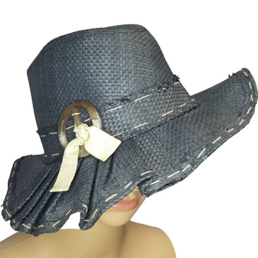 MAGID HATS Pleated Paper Fedora Straw Black Hat Band Seam Detail Size 8 1/2