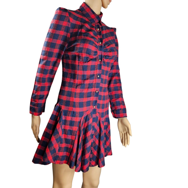 Red Blue Plaid Long Sleeve Button Up Shirt Mini Dress With Circle Skirt Size XS