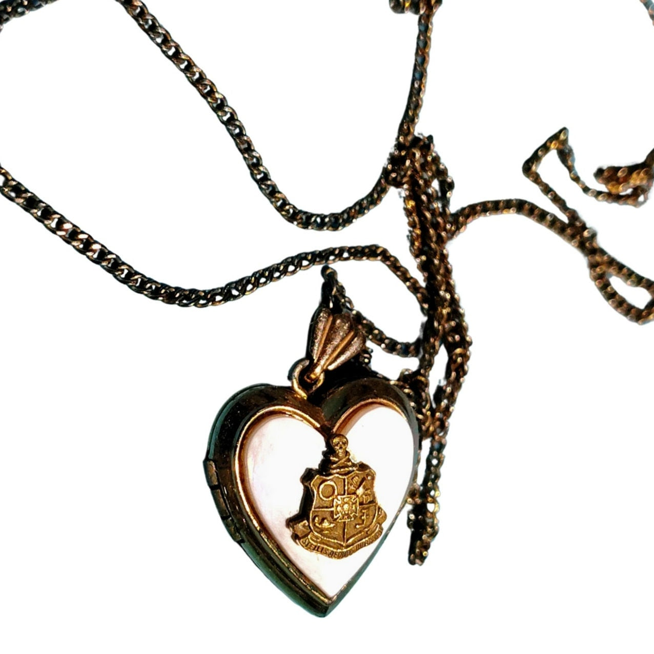 1940s Antique 12k GF Mother Of Pearl Heart Sweetheart Locket Chain Link Necklace [vintage]