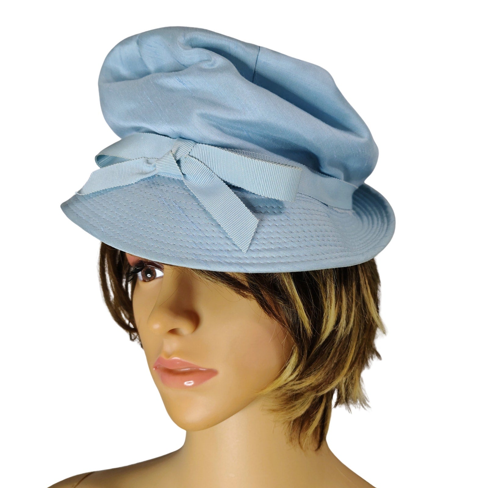 1950s Pale Blue Bucket Cloche Hat Scrunched Bow Detail with Brim USA Union Made [Vintage]