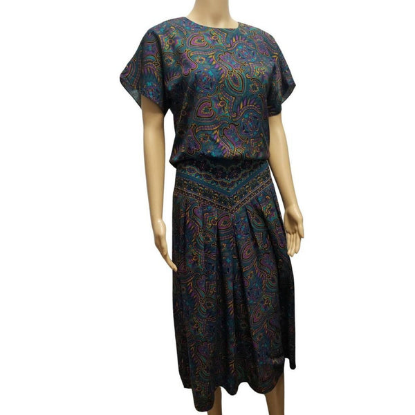 1980s MIDI PAISLEY FLORAL Short Sleeve Fitted Waist Summer Dress Size 6 [VINTAGE]