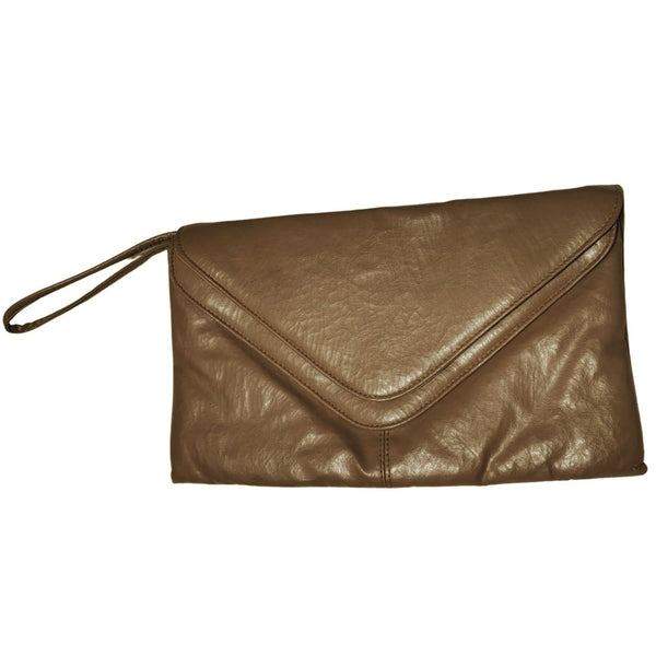 1970s Maxi Clutch Taupe Two Pockets Two Fold Over Closures Wristlet [Vintage]