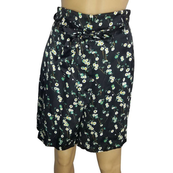 Mossimo Dutti Black Silk Long Bermuda Shorts Floral Belt Hidden Pockets Size 6