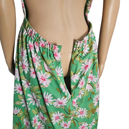 Storia Green Maxi Dress Pink Daisies Crisscross Strappy Top Open Back Size Large
