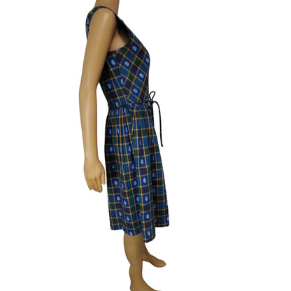 Belted Blue Green Plaid Vintage Handmade Pleated Ribbon Tie Midi Dress Size Small [Vintage]