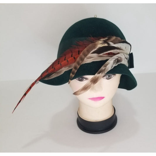 1960s Green Frank Olive Wool Hat Long Feathers Hat Band and Double Bow [VINTAGE]