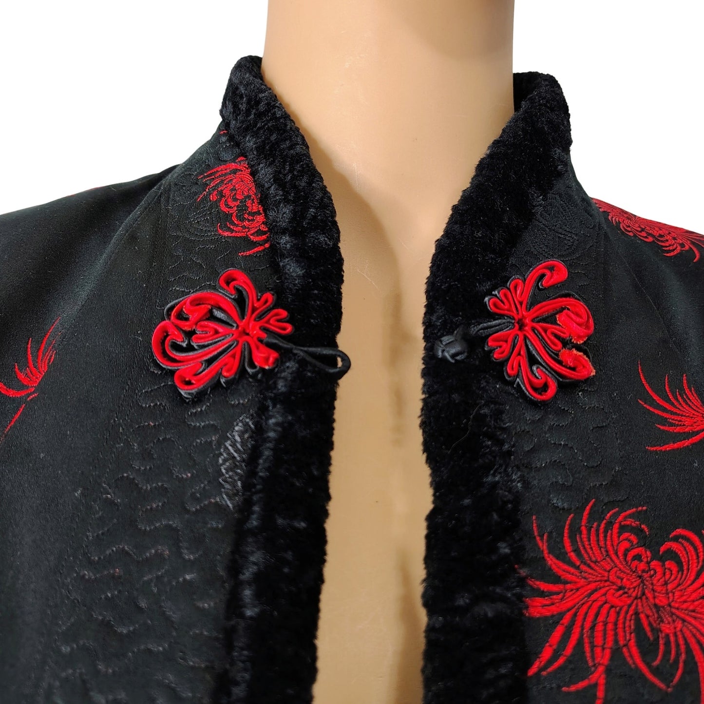 1970s Red Black Reversible Chinese Embroidered Fur Evening Jacket Size Small [Vintage]