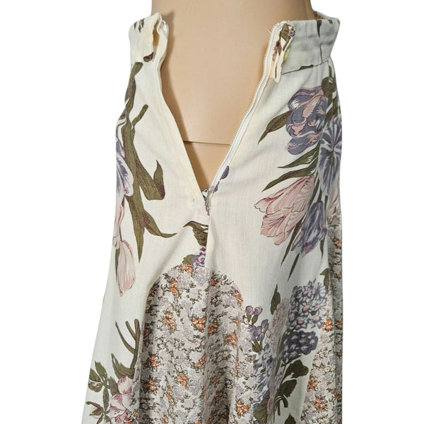 1960s Patchwork Brown Cream Handmade Floral Print Midi Mermaid Cut Skirt Size XS [Vintage]