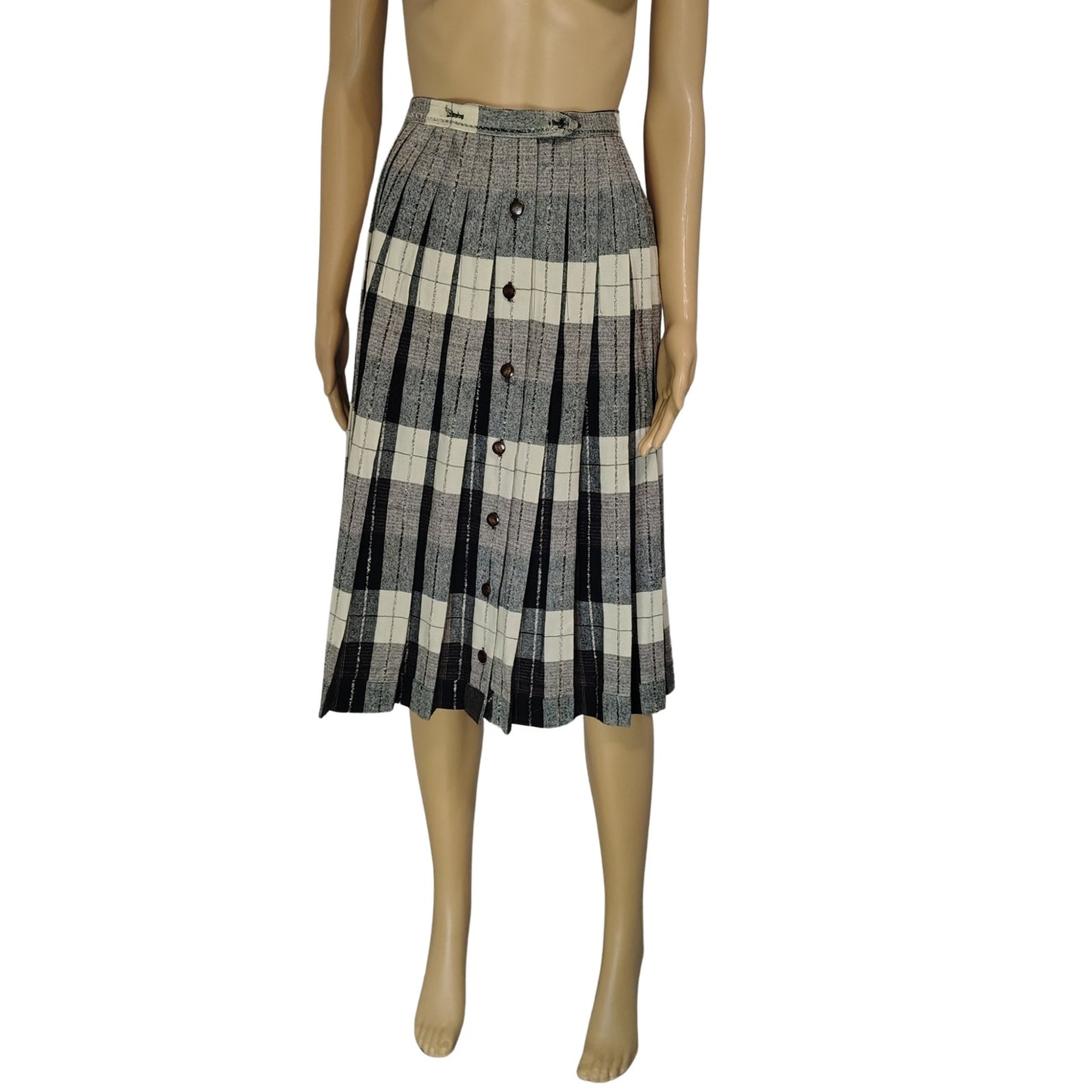 1960s Pleated Brown Plaid Reversible Button Up A Line Skirt Size XS [Vintage]