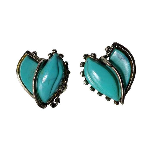 1980s Faux Turquoise Heart Silver Clip On Earrings Southwest Handcrafted Unique Bezel [Vintage]