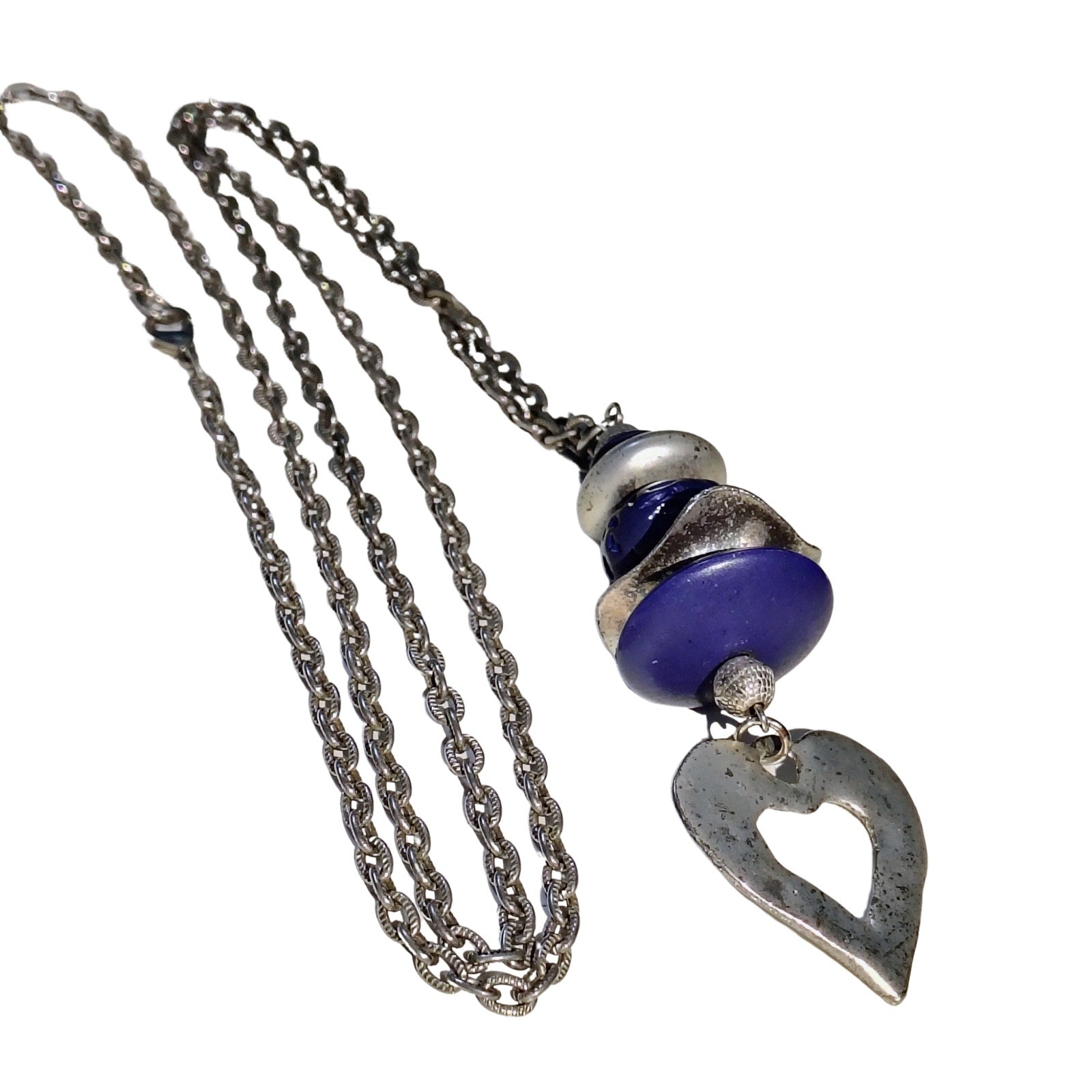 1980s Purple Stacked Beads Silver Tone Heart Long Chain Link Statement Necklace [Vintage]