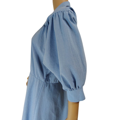 1990s Blondie Me Blue Jean Puffy Sleeve Fit Flare Dress Size Large Y2K [Vintage]