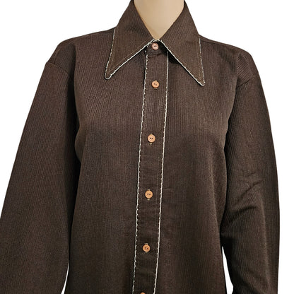 1970s Dress Shirt Brown White Embroidered Wingtip Disco Collar Long Sleeve Size 15 [Vintage]