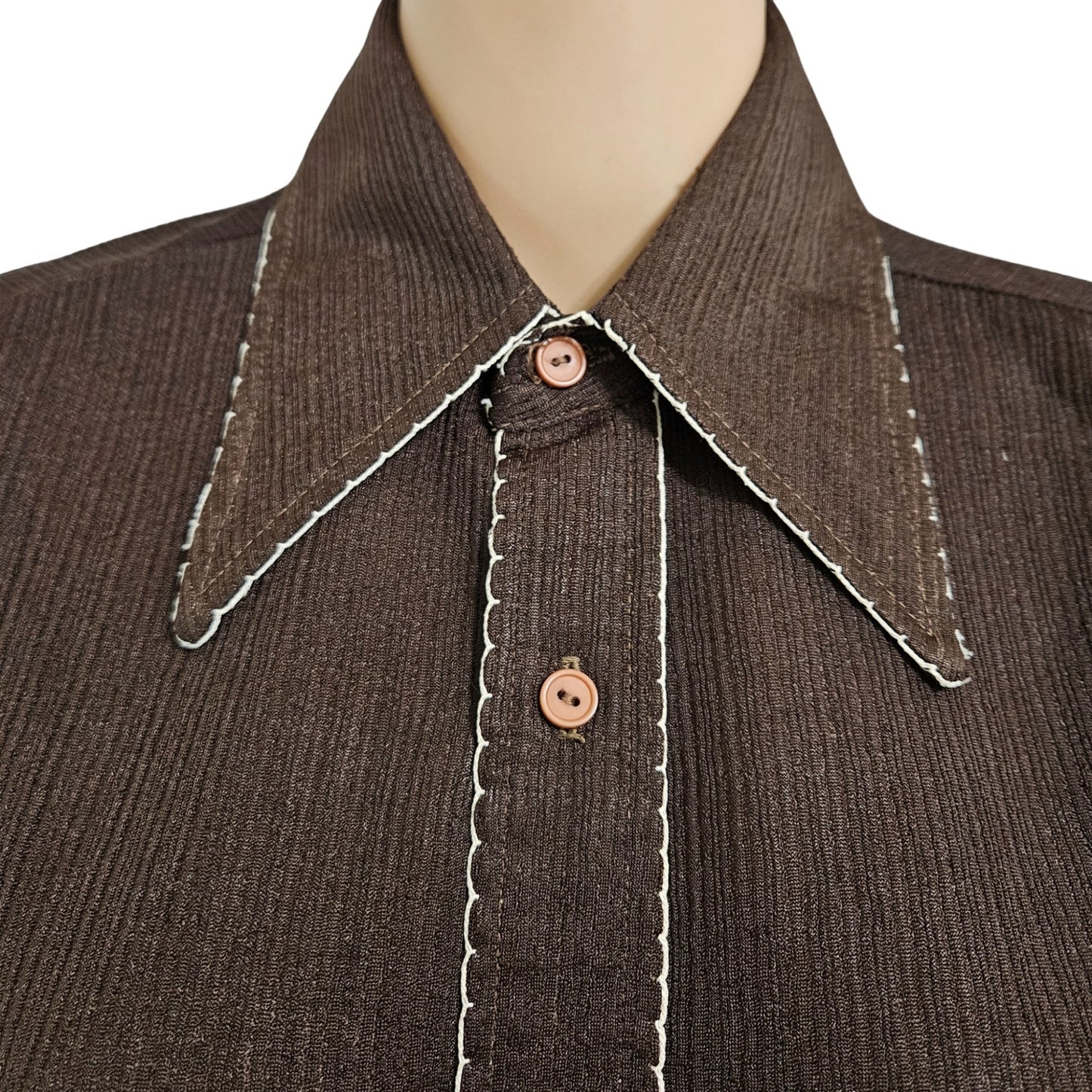 1970s Dress Shirt Brown White Embroidered Wingtip Disco Collar Long Sleeve Size 15 [Vintage]