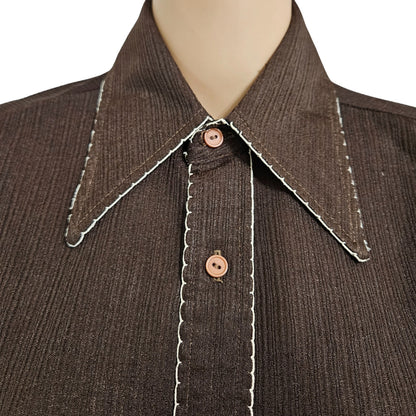 1970s Dress Shirt Brown White Embroidered Wingtip Disco Collar Long Sleeve Size 15 [Vintage]