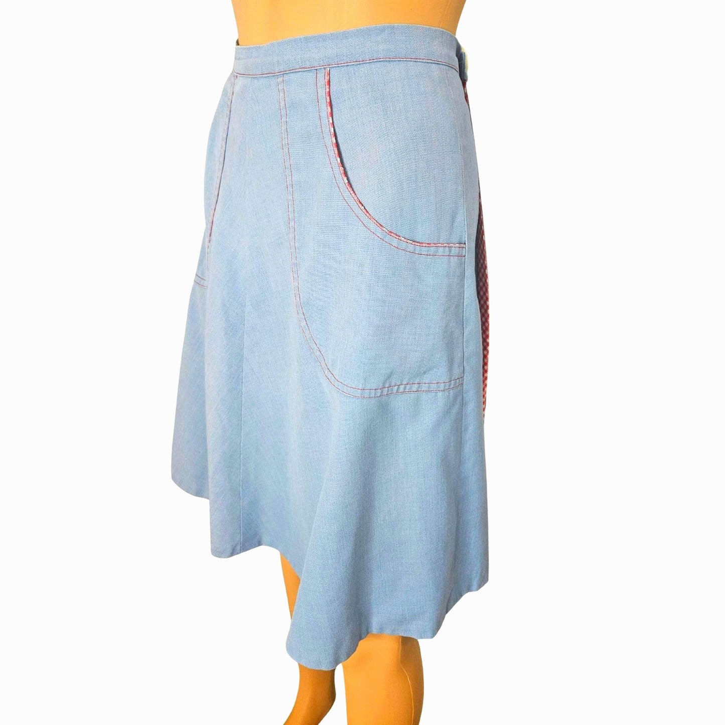 1970s Blue Red White Midi Wrap Skirt Plaid Accents Lining Hand Made Size XS [Vintage]