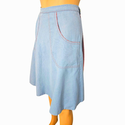 1970s Blue Red White Midi Wrap Skirt Plaid Accents Lining Hand Made Size XS [Vintage]